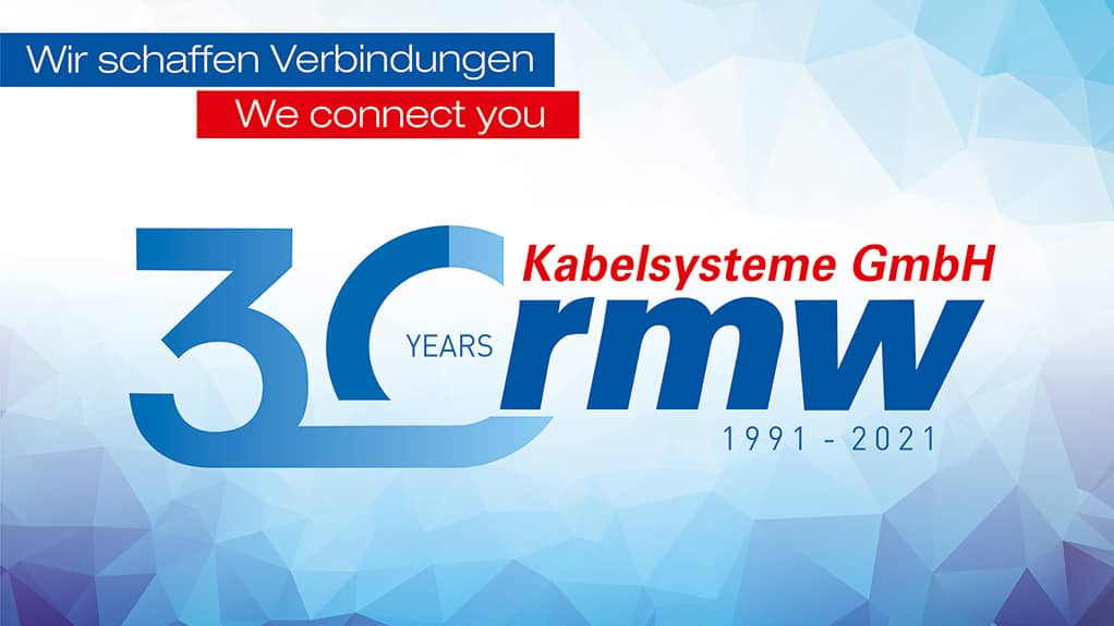 Jubiläumslogo: blauer Schriftzug 30 Years und rmw-Logo
