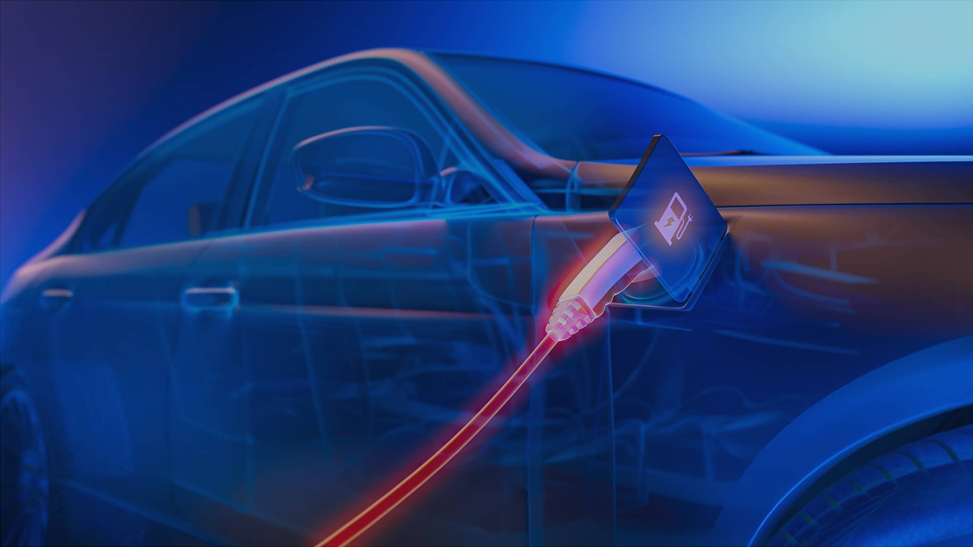 Ein visuelle Grafik eines Elektro Autos welches getankt wird mit Blaufilter